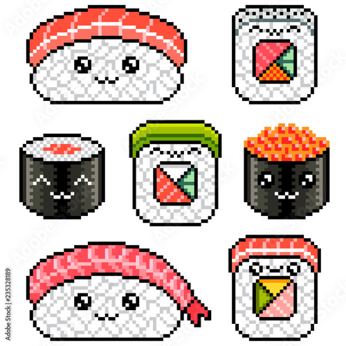Pixel cute sushi rolls set detailed illustration isolated vector