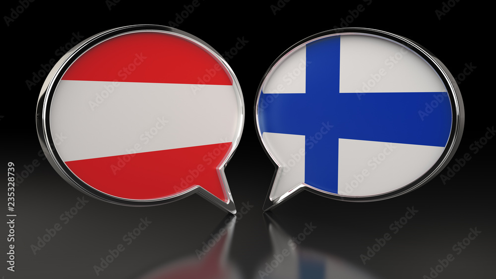 Austria and Finland flags with Speech Bubbles. 3D illustration Austria and Finland flags with Speech Bubbles. 3D illustration