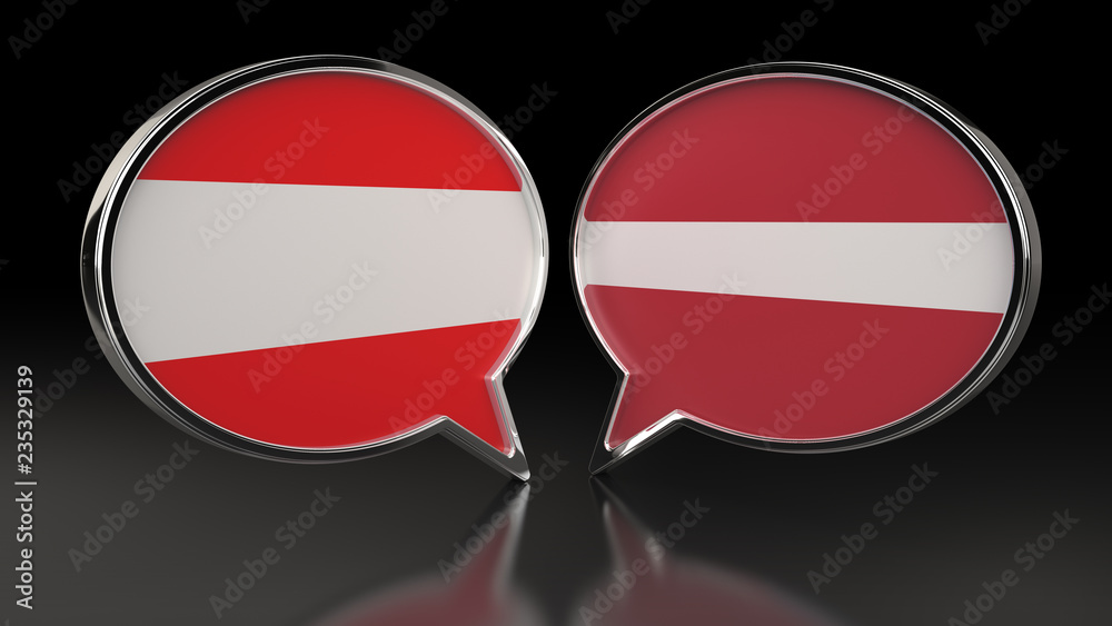 Fototapeta premium Austria and Latvia flags with Speech Bubbles. 3D illustration