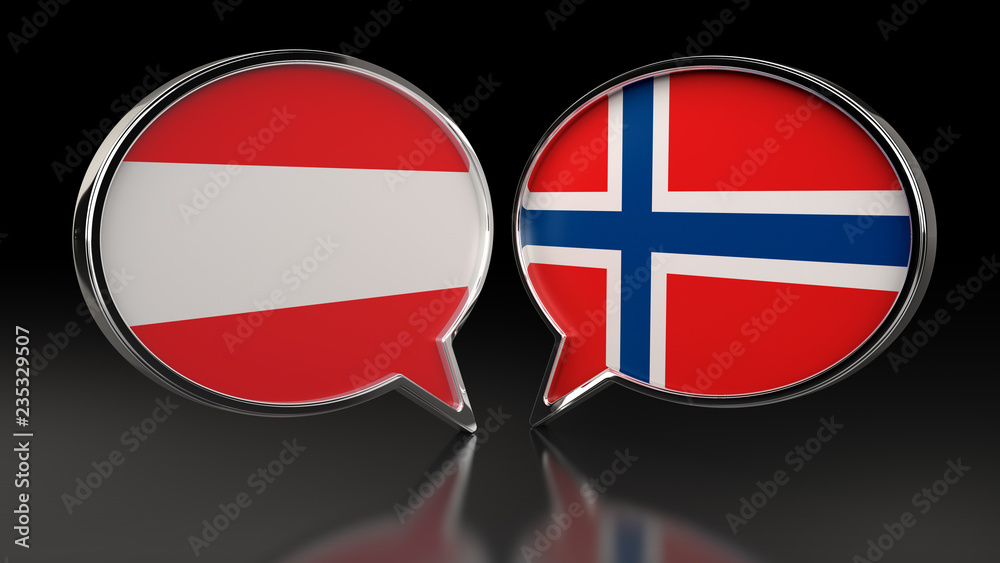 Austria and Norway flags with Speech Bubbles. 3D illustration