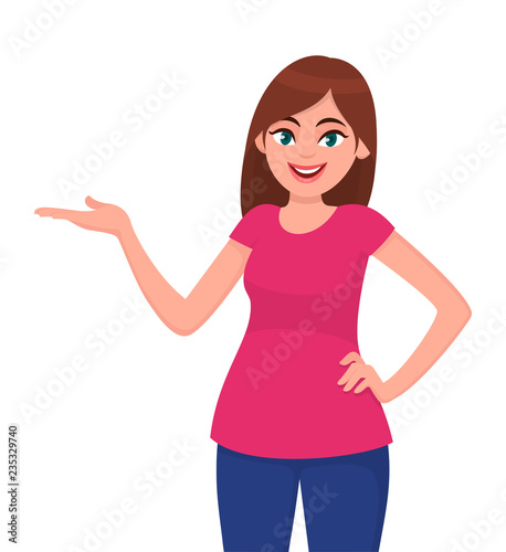 Young woman gesturing hand to copy space side away for product or advertising text. Girl holding hand on hip and presenting or introducing something. Concept illustration in vector cartoon style.