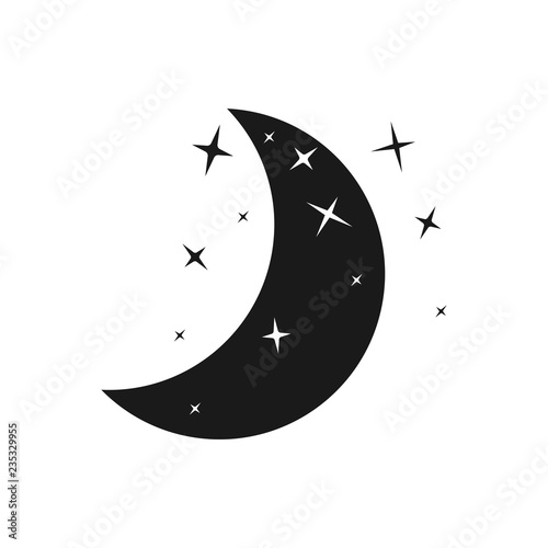 Black moon and stars icon. Flat design.
