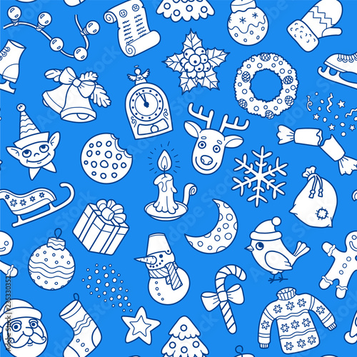 Christmas Holiday Vector Colorful Decorative Seamless Tile Background And Pattern, White On Blue With Outlines