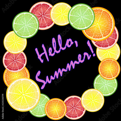 Different fruits pattern with hello summer text on the yellow background. Vector illustration.