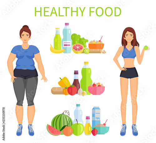 Healthy Food Woman and Meal Vector Illustration