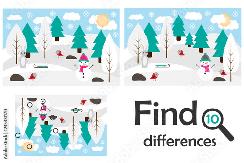 Find 10 differences, game for children, winter snowy forest in cartoon style, education game for kids, preschool worksheet activity, task for the development of logical thinking, vector illustration