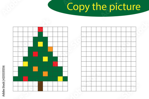 Copy the picture, pixel art, christmas tree cartoon, drawing skills training, educational paper game for the development of children, kids preschool activity, printable worksheet, vector illustration