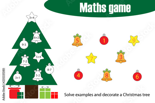 Maths game with decoration christmas tree for children, education counting game for kids, preschool worksheet activity, task for the development of logical thinking, vector illustration