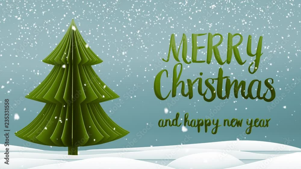 green xmas tree Merry Christmas and Happy New Year greeting message in english on blue background,snow flakes.Elegant animated holiday season social post digital card 4k video