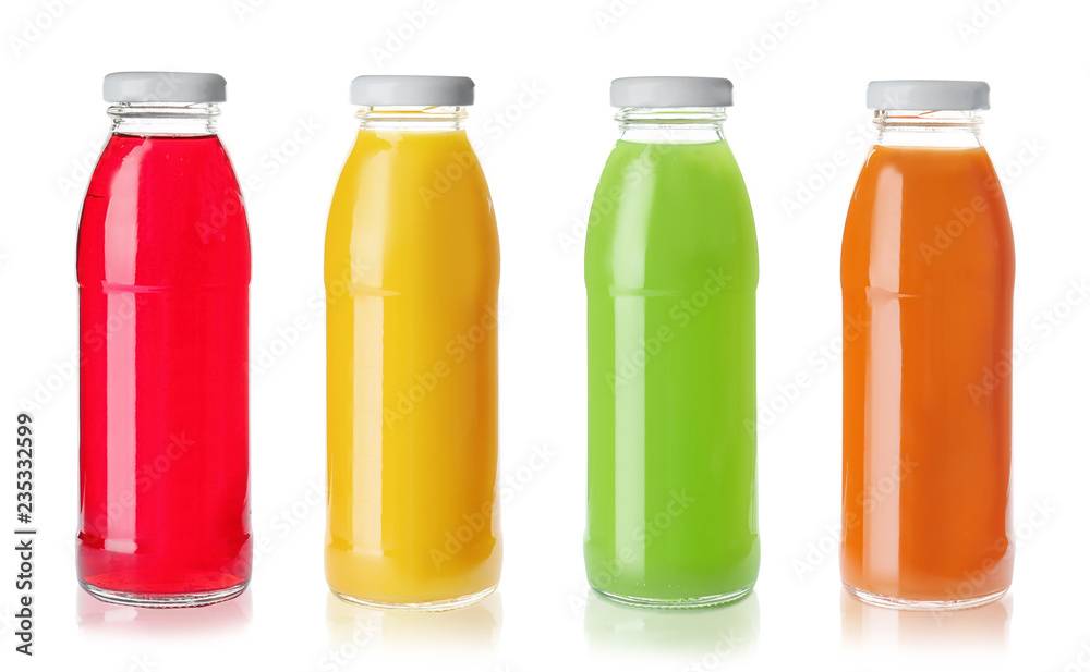 Set with glass bottles of different juices on white background Set with glass bottles of different juices on white background