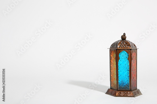 Muslim lamp on white background with space for text. Fanous as Ramadan symbol