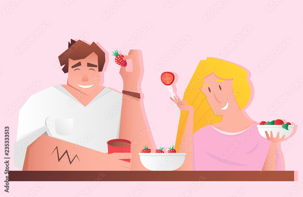man and woman eating fruits and vegetables, strawberry and tomato salad, a couple of vegetarians, vector illustration man and woman eating fruits and vegetables, strawberry and tomato salad, a couple of vegetarians, vector illustration