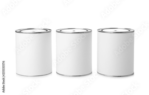 Paint cans on white background. Mockup for design