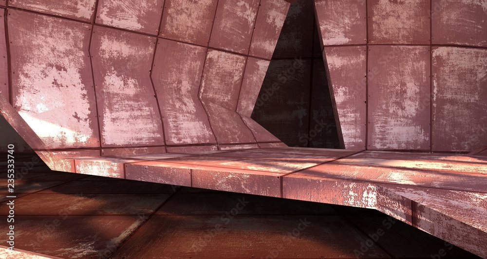 Empty abstract room interior of sheets rusted metal. Architectural background. 3D illustration and rendering Empty abstract room interior of sheets rusted metal. Architectural background. 3D illustration and rendering