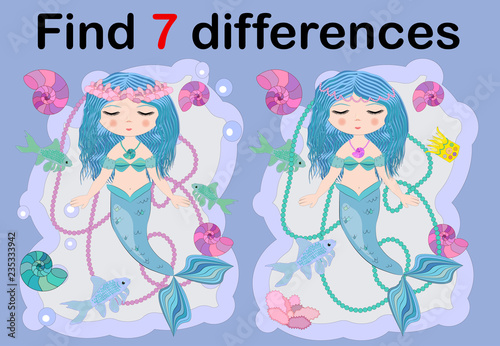 Find the difference the two illustration with sea mermaid. Children funny riddle entertainment.