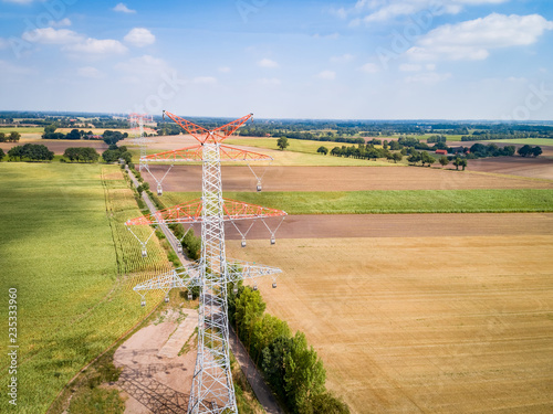 Energiewende - Netzausbau, neue Stromtrasse aus der Vogelperspektive photo