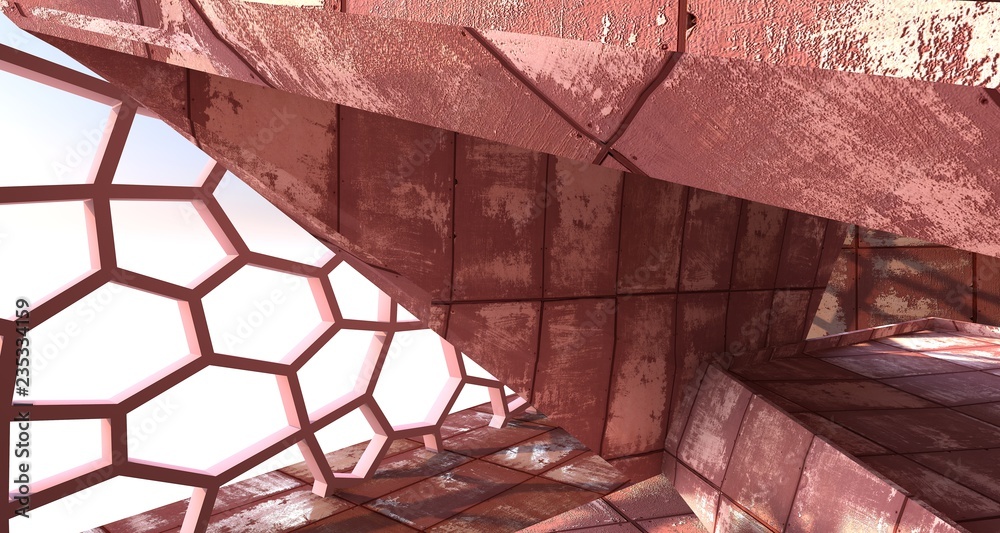 Empty abstract room interior of sheets rusted metal. Architectural background. 3D illustration and rendering Empty abstract room interior of sheets rusted metal. Architectural background. 3D illustration and rendering