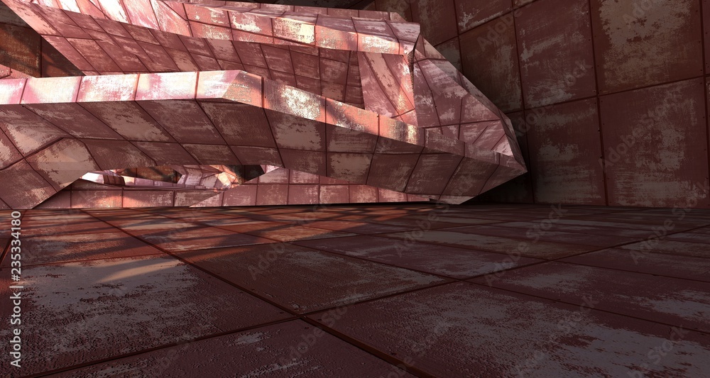 Empty abstract room interior of sheets rusted metal. Architectural background. 3D illustration and rendering Empty abstract room interior of sheets rusted metal. Architectural background. 3D illustration and rendering