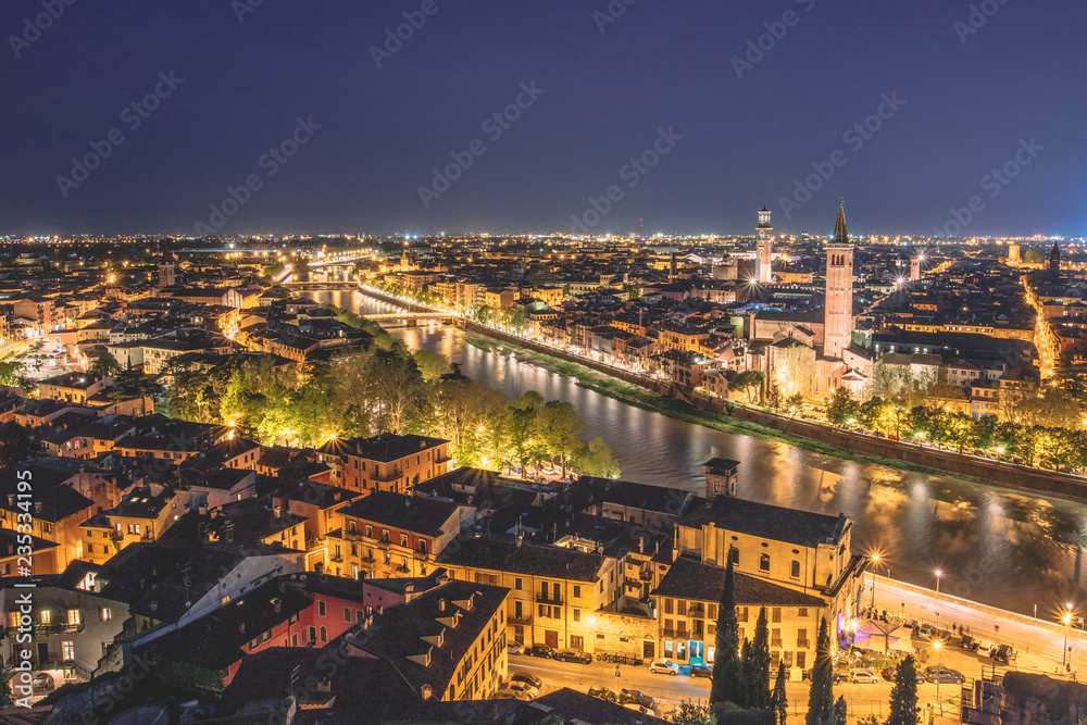 Overlooking the city at Sunset and night time, Verona Italy