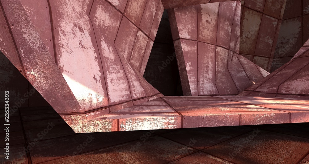 Empty abstract room interior of sheets rusted metal. Architectural background. 3D illustration and rendering Empty abstract room interior of sheets rusted metal. Architectural background. 3D illustration and rendering