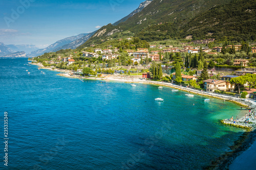 Town of Malcesine on Lago di Garda skyline view, Veneto region of Italy. Aerial view, top view