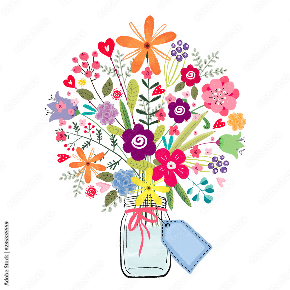 Obraz premium drawing a bouquet of flowers in a jar on a white background with a business card