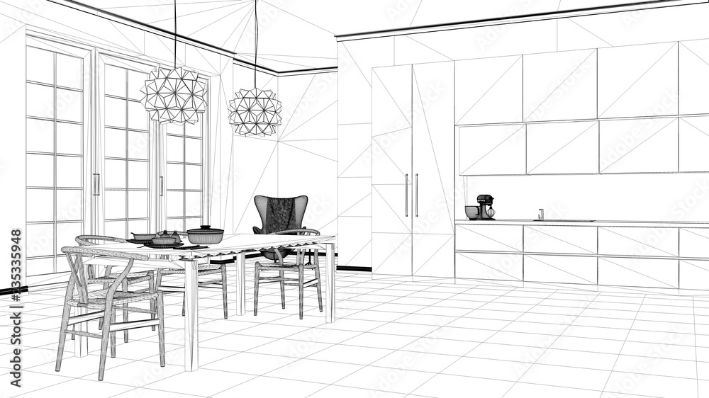 Interior design project, black and white ink sketch, architecture blueprint showing classic kitchen, dining table laid for two, with chairs and pendant lamps, contemporary architecture
