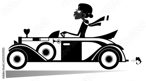 Pretty woman drives car illustration. Elegant young woman drives a cabriolet black on white 
