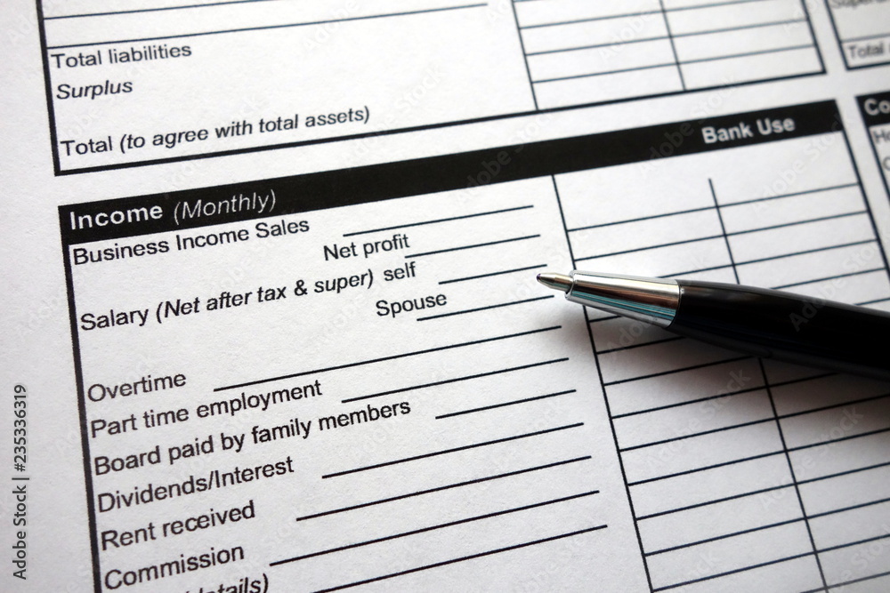 Obraz premium Income heading on credit application form with pen