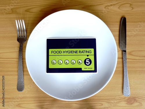 Food Hygiene Rating 5. Dinner plate with VERY GOOD food hygiene rating  instead of food