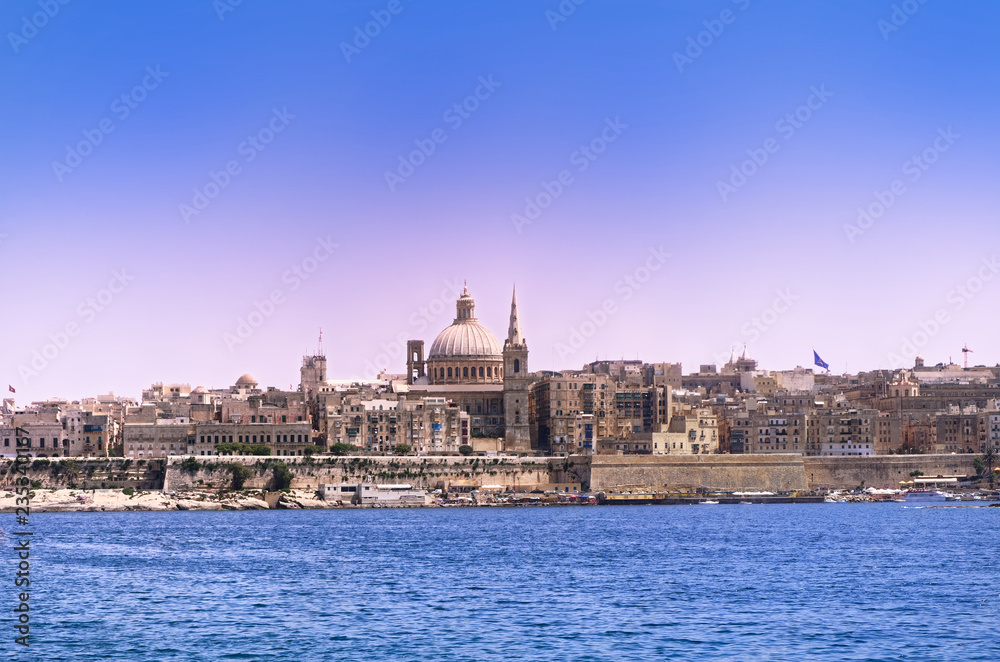 Panoramic view of Valletta city from Sliema bay, Malta