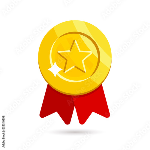 Gold medal with red ribbons isolated on white background. Vector illustration in flat style.