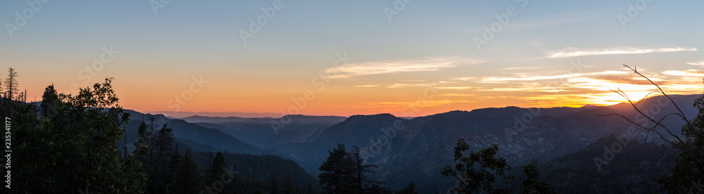 ultra wide panorama of sunset in mountains