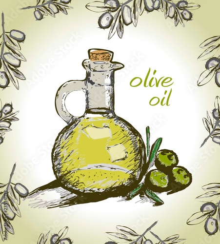 Vector bottle of olive oil with olive branch. Seamless pattern.