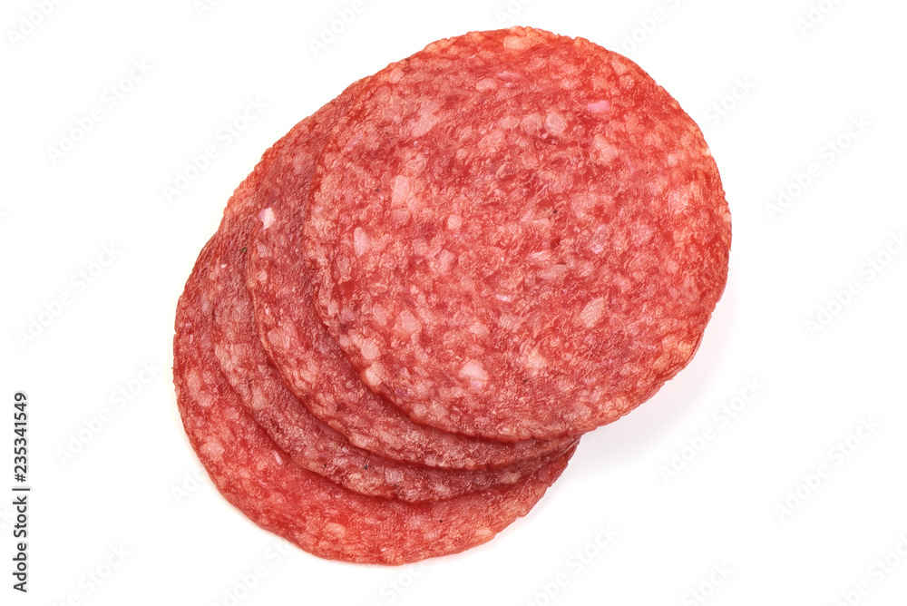 Cold Salami Smoked Sausage Slices, isolated on a white background. Top view.