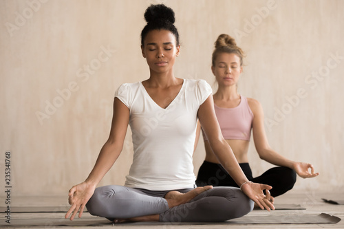 Fotografie, Tablou Two beautiful diverse yogi girls doing yoga Padmasana exercise, Lotus pose with mudra, working out, indoor full length, mixed race female students training at club