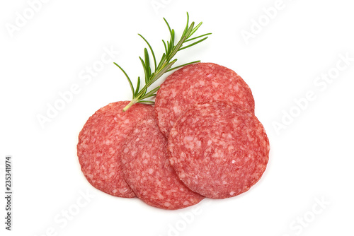 Smoked Meat Sausages with rosemary, isolated on a white background. Top view.