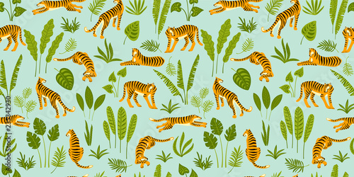 Photography Seamless exotic pattern with tigers in the jungle.