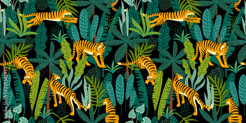 Seamless exotic pattern with tigers in the jungle.
