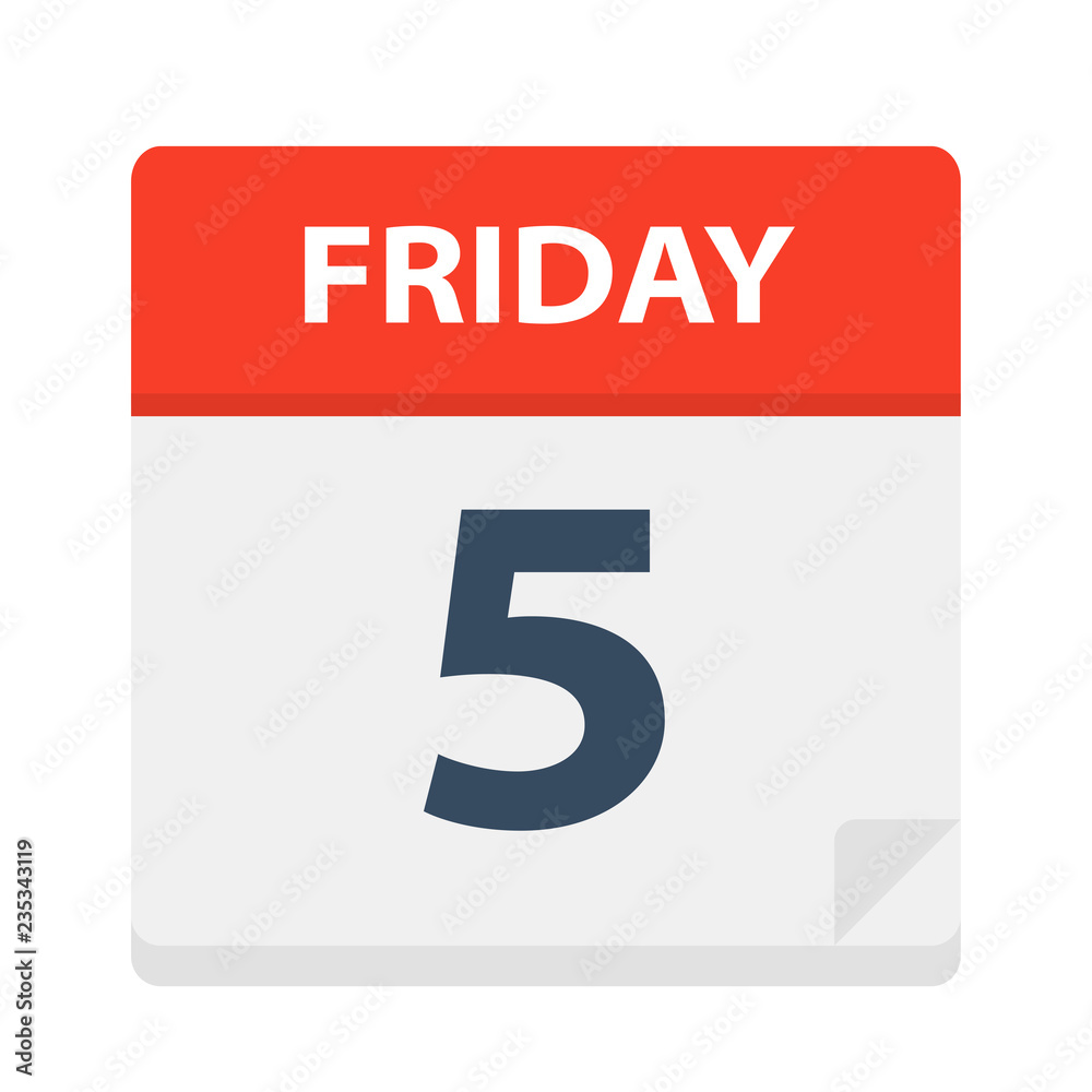 Friday 5 - Calendar Icon. Vector illustration of week day paper leaf. Friday 5 - Calendar Icon. Vector illustration of week day paper leaf.