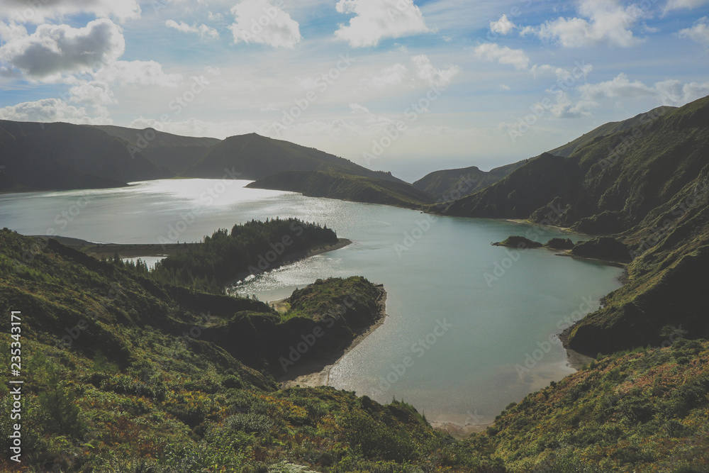 beautiful lagoon surrounded by mountains. Ancient volcano crater. Fire lagoon Azores Islands Portugal