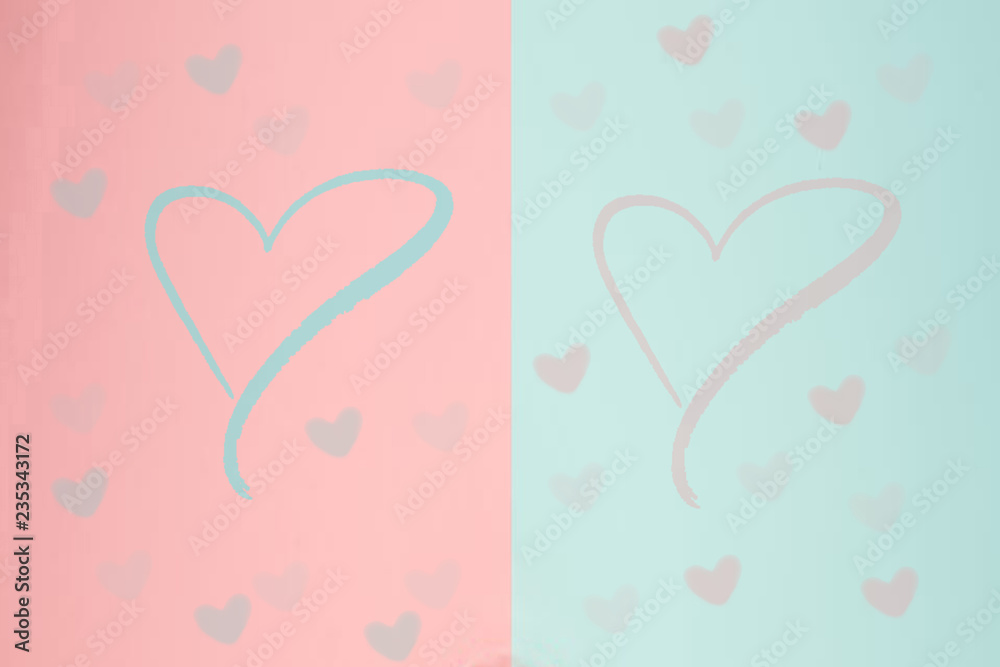 Abstract festive blur bright blue pastel background with pink hearts love bokeh for wedding card or Valentine‘s day.  Romantic textured backdrop with space for your design. Card concept.