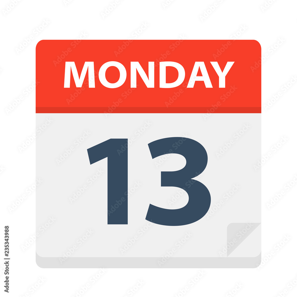 Monday 13 - Calendar Icon. Vector illustration of week day paper leaf.