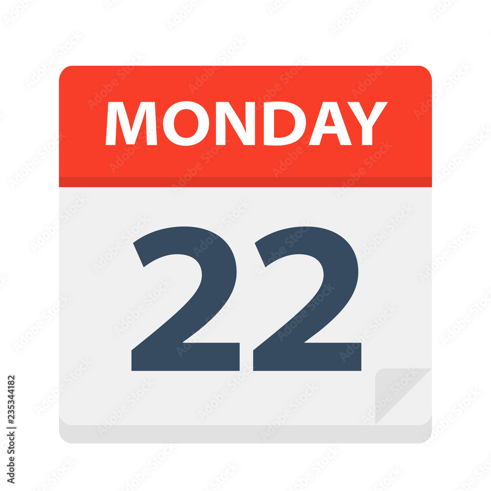Monday 22 - Calendar Icon. Vector illustration of week day paper leaf.