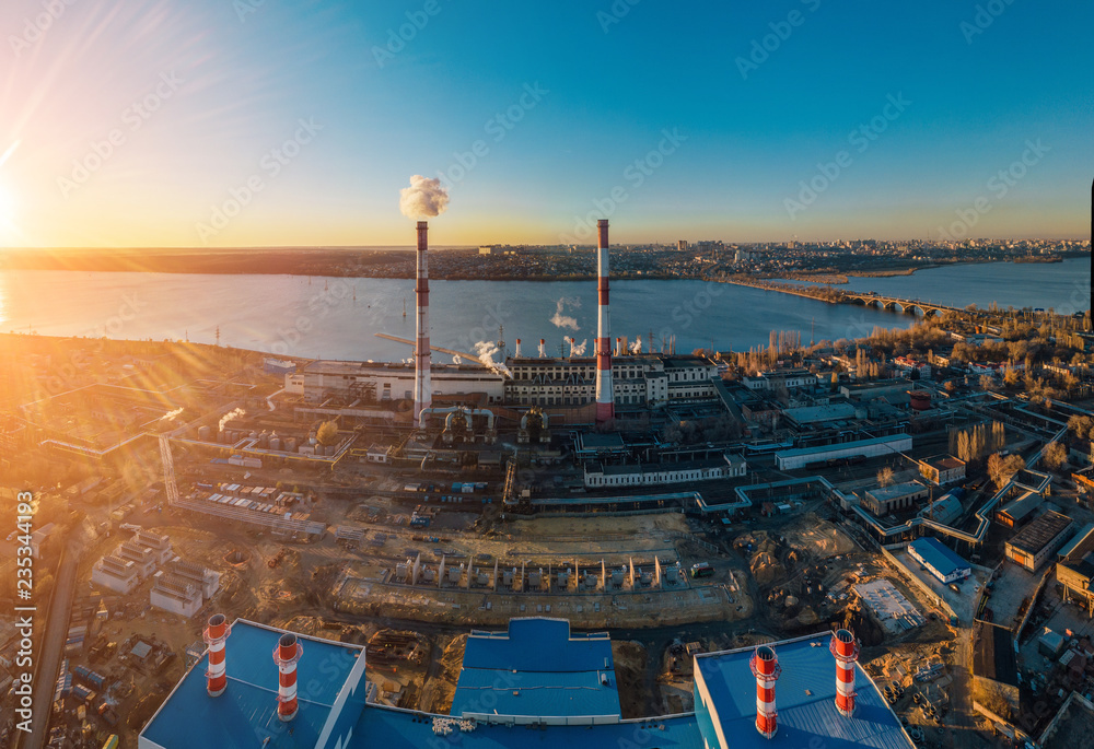 Thermal power plant. Aerial view from drone of large industrial area