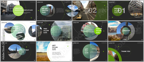 Minimal presentations design, portfolio vector templates with circle elements on black background. Multipurpose template for presentation slide, flyer leaflet, brochure cover, report, advertising.