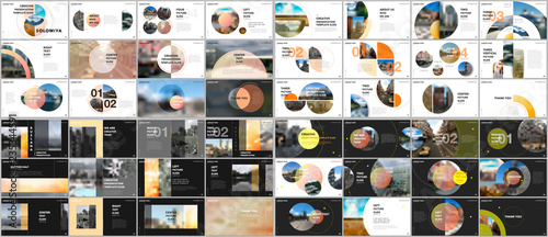 Minimal presentations design, portfolio vector templates with circle elements on black or white. Multipurpose template for presentation slide, flyer leaflet, brochure cover, report, advertising.