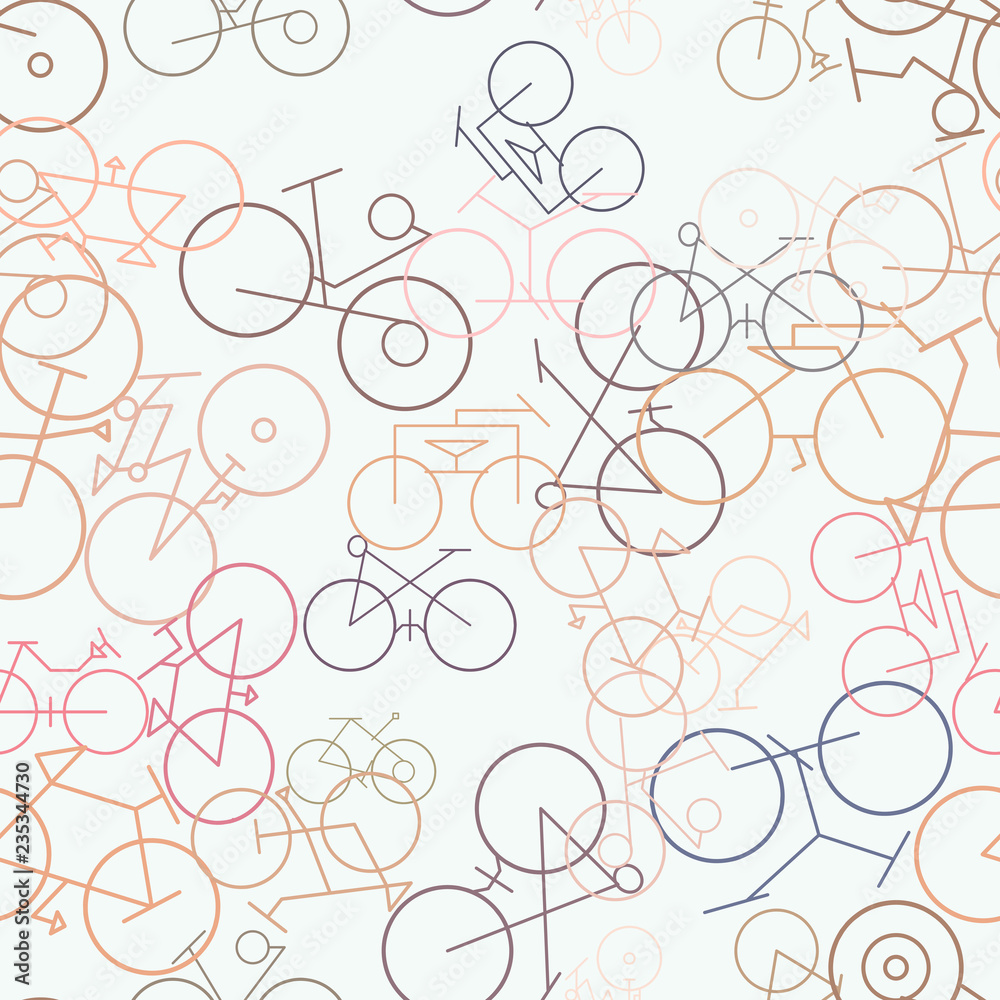 Seamless background abstract outline of bicycle, hand drawn for design. Colorful, digital, details & web.