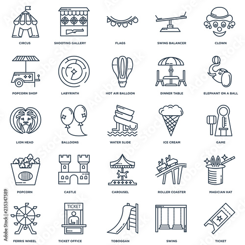 Set Of 25 outline icons such as Ticket, Swing, Toboggan, Ticket