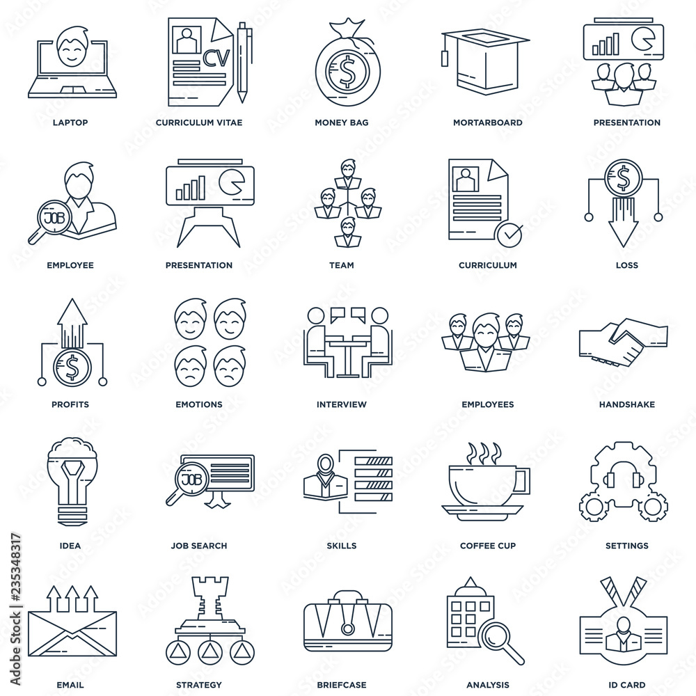 Set Of 25 outline icons such as Id card, Analysis, Briefcase, St Set Of 25 outline icons such as Id card, Analysis, Briefcase, St